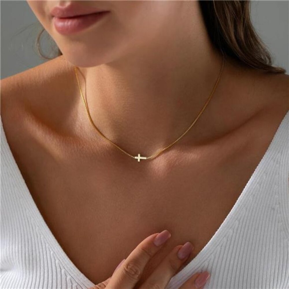 14K Real Gold Plated Dainty Small Cross Pendant Choker Cute Cross Charm Chain - Picture 3 of 5